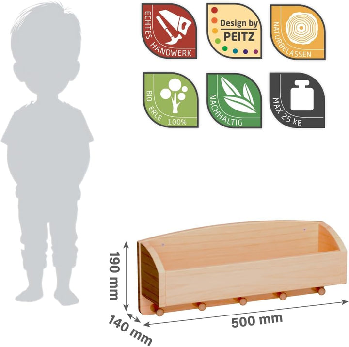 Holzspielzeug Peitz Kinder-Wand-Garderobe | Mützen-Ablage | Kinderzimmer-Massivholz-Garderobe 8058