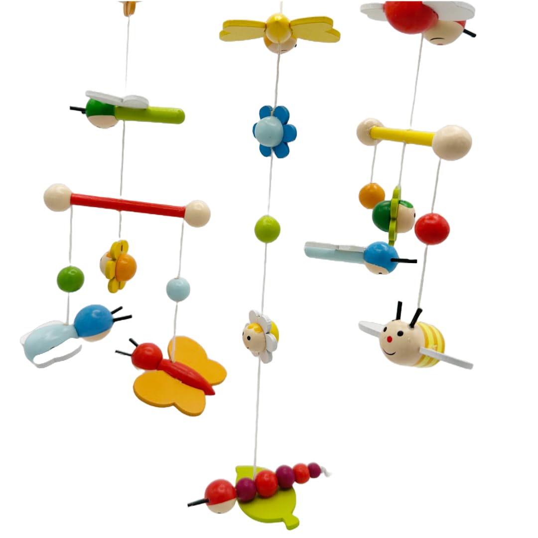 goki 52924 Mobile 3-D Frühlingswiese aus Holz, Blumen und Bienen, Tiere, zugucken und staunen, 24x45
