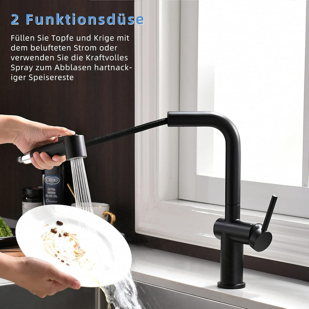 TIMACO Schwarz Küchenarmatur Mit Ausziehbare Brause Wasserhahn Küche 360° Schwenkbar Mischbatterien