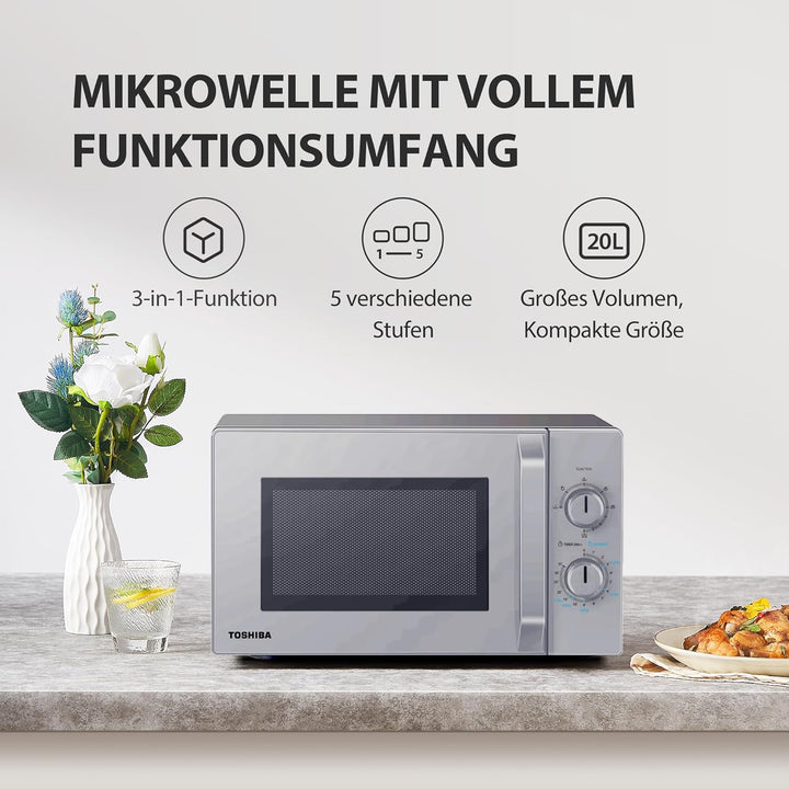 Toshiba Solo-Mikrowelle 20L MW2-MM20PF(SL), Freistehende Mikrowelle, 800W, 5 Leistungsstufen mit pra