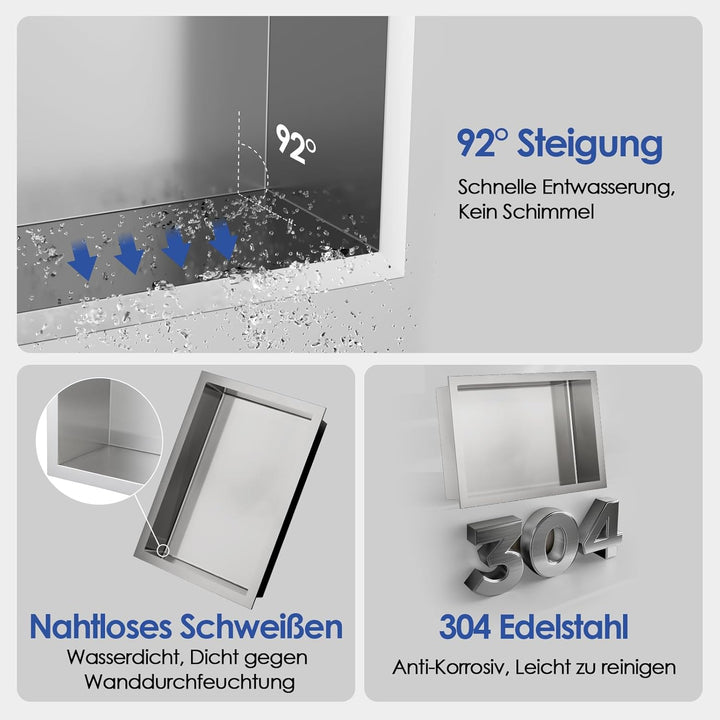 ROVOGO 45 x 30 x 10 cm Wandnische Dusche Edelstahl 304, Eingebettete Duschnische Einzelregal Lagerun
