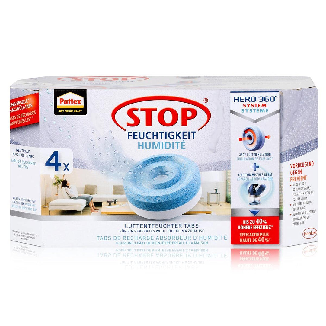 Henkel Pattex Stop Feuchtigkeit Aero 360° Luftentfeuchter Nachfüllpack 4x450g Neutrale-Tabs - Vorbeu