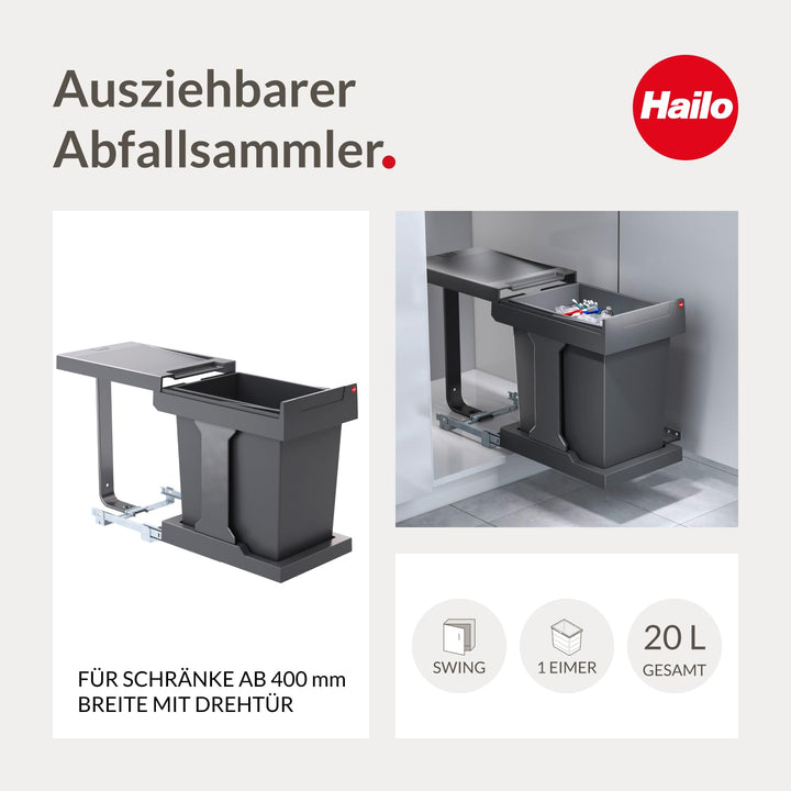 Hailo AS Solo 20 Automatik | mit Ausfahrautomatik | 20 Liter Inneneimer | für Schränke ab 400 mm Bre
