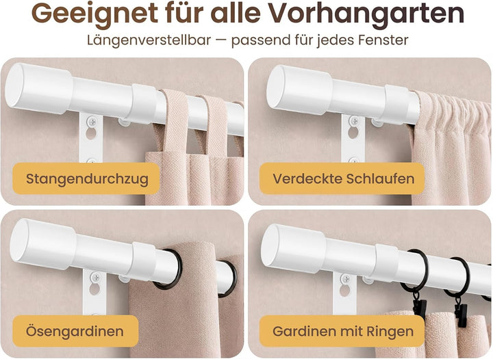 MEISENBERG Gardinenstange Ausziehbar Weiss, Wandmontage Set mit Halterungen Weiss 82-112 cm, Weiss 8