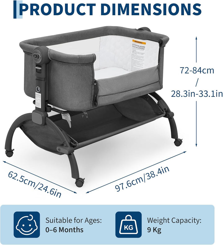 GarveeTech Beistellbett Baby höhenverstellbar mit Matratze, Mesh-Seiten, Wiegefunktion, Rollen mit B