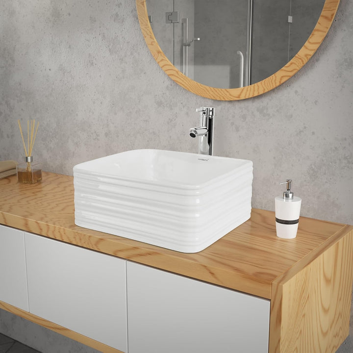 ML-Design Waschbecken Keramik Weiss 39x39x15 cm Quadratisch mit Ablaufgarnitur, Moderne Aufsatzwasch