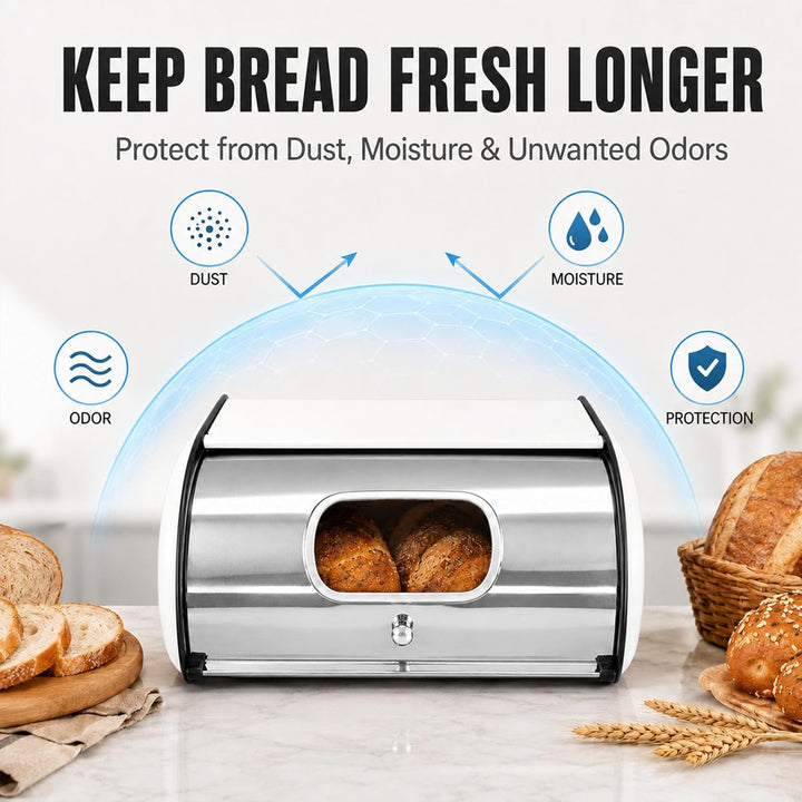 Brotkasten Edelstahl Weiss, Rollbrotkasten mit Acryl-Sichtfenster und Lüftungsöffnungen, Brotbox zur