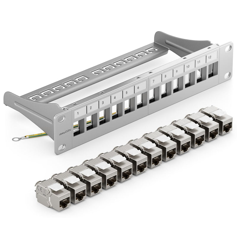 deleyCON 12 Port CAT7 Patchpanel Set Patchfeld Verteilerfeld Modular 1 HE 10" Zoll Rackeinbau + 12x