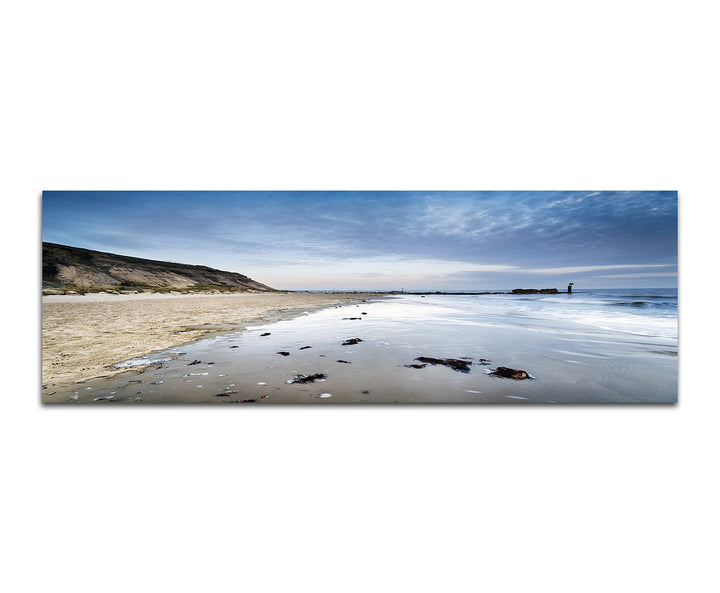 Paul Sinus Art Panoramabild auf Leinwand und Keilrahmen 150x50cm Endland Strand Felsen Meer Morgengr