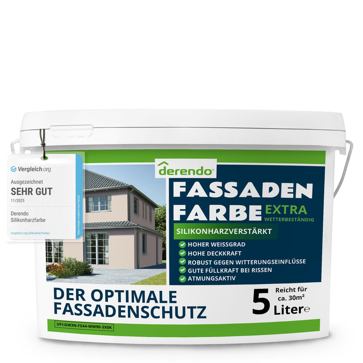 derendo Fassadenfarbe beige 5l mit EXTRA hohem Wetterschutz, matte silikonharzverstärkte Fassaden Fa