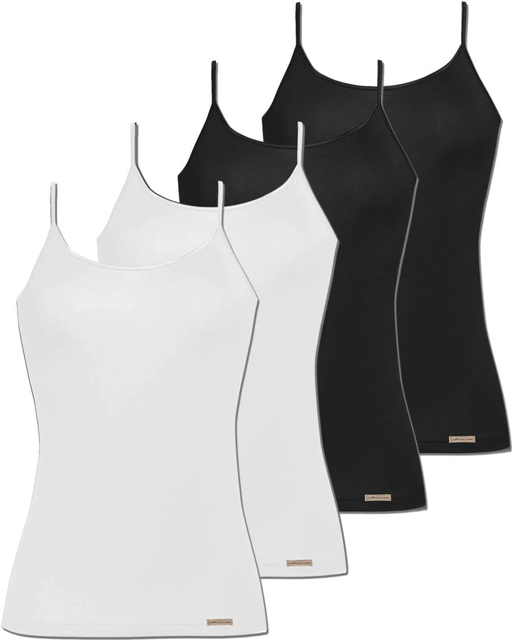 COMAZO Earth 4er Sparpack Damen Unterhemd Spaghettiträger, Gr. 36-46 36 Schwarz-weiss, 36 Schwarz-we