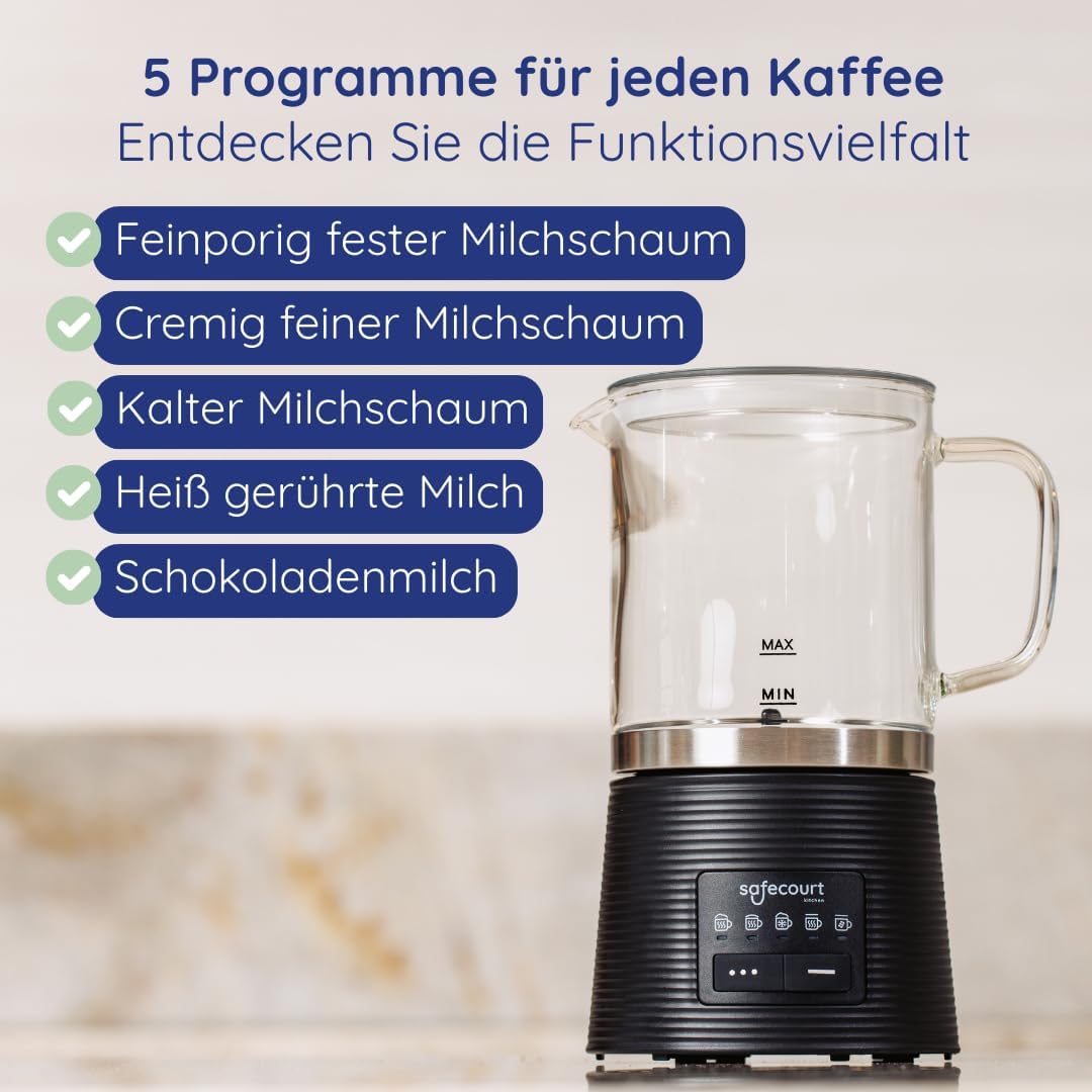 Safecourt Elektrischer Milchaufschäumer – herausnehmbarer Glasbehälter [500ML & 100% mikroplastikfre