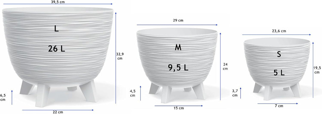 MELTOM Blumentopf mit Füssen aus Kunststoff Schale Rund Kräutertopf 3D Rillen (Weiss, L-40cm) L-40cm