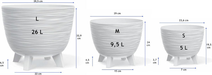MELTOM Blumentopf mit Füssen aus Kunststoff Schale Rund Kräutertopf 3D Rillen (Weiss, L-40cm) L-40cm