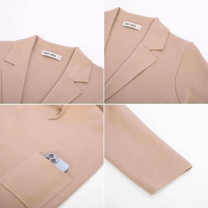 GRACE KARIN Damen Offene Lang Strickmantal Mittellang Anzug-Stil Revers Casual Strickjacke Pullover