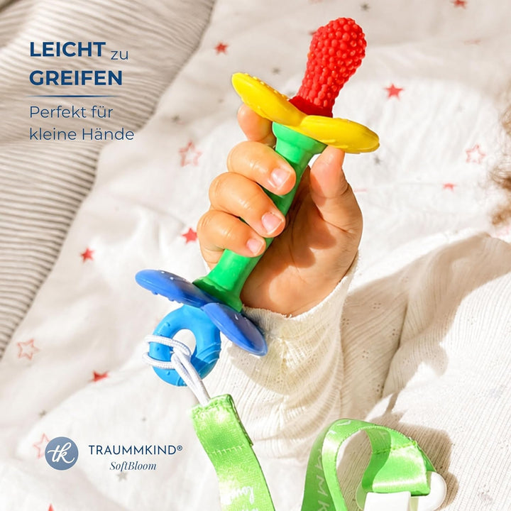 Beissring Baby Blume mit Clip – Baby Zahnungshilfe aus BPA-freiem Silikon, weich &amp; flexibel, Greifli