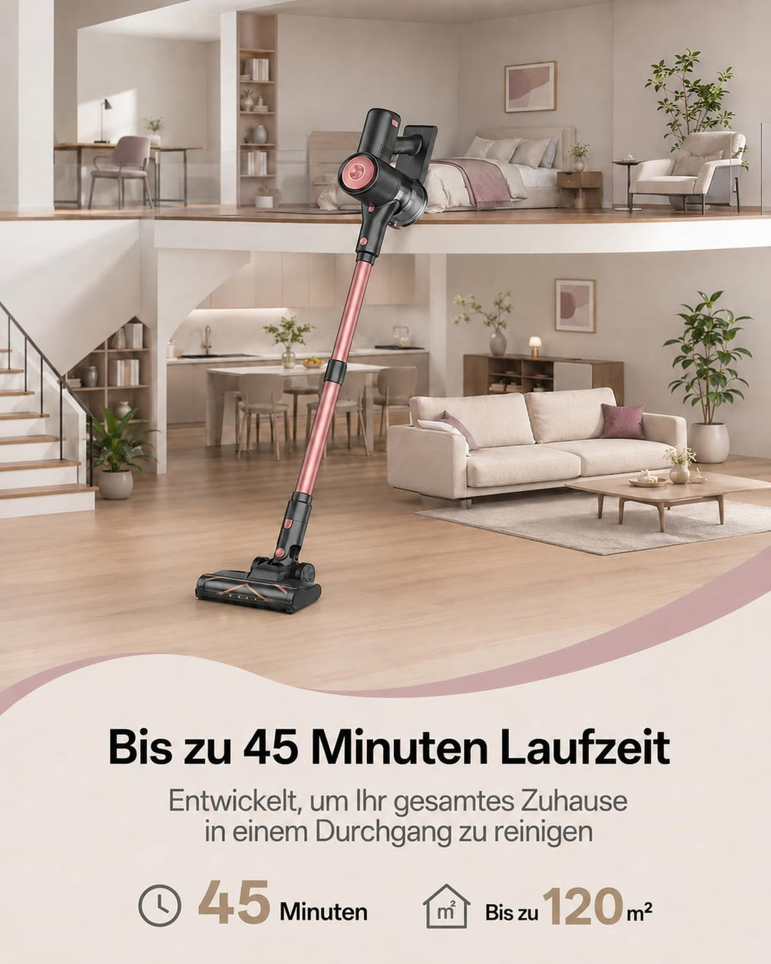 Vexilar V10PRO Akku Staubsauger Kabellos 45kPa/450W/45Min für Tierhaare Pinkgold, Pinkgold