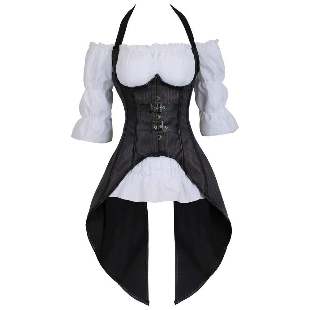 Josamogre Steampunk Korsett Corsage Damen Corset Bustier Set Kostüm Mit Piratenbluse Schwarz, 3-teil