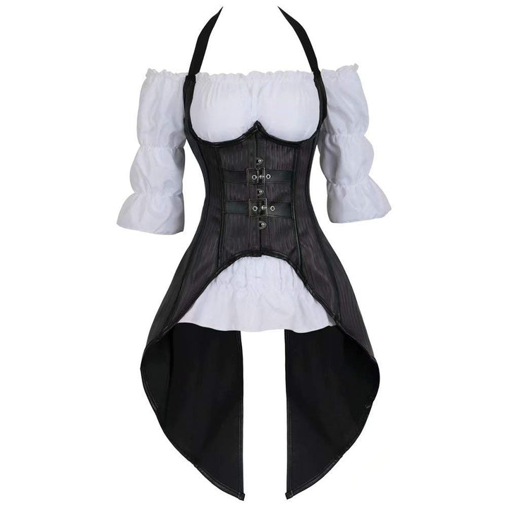 Josamogre Steampunk Korsett Corsage Damen Corset Bustier Set Kostüm Mit Piratenbluse Schwarz, 3-teil