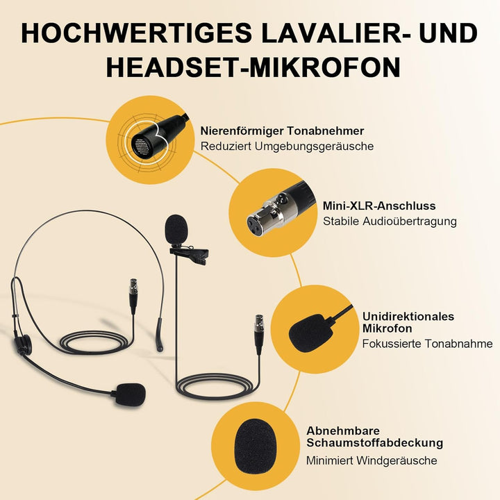 4-K-UHF-Funkmikrofonsystem mit 4x10 Frequenzen, 200 Fuss Reichweite, 4 Bodypack und Headset/lapelle-