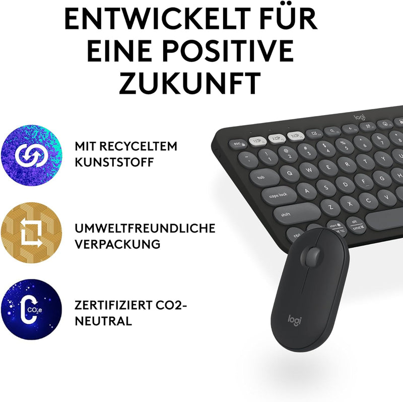 Logitech Pebble 2 Combo, kabellose Tastatur und Maus, leise und mobil, anpassbar, Logi Bolt, Bluetoo