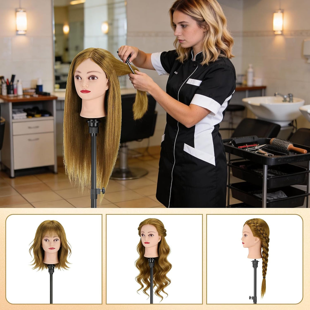 Übungskopf, TwoWin 80% Echthaar Friseurkosmetik Mannequin Kopf mit Klammerständer und Geschenken - G