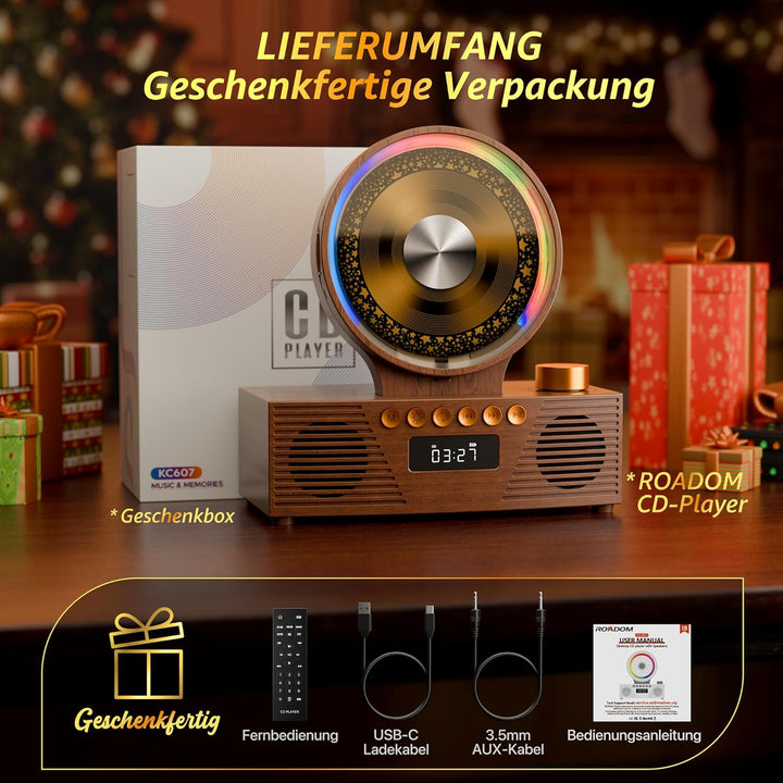 ROADOM CD Player Bluetooth 5.3 mit Dual Lautsprecher, 4000mAh Tragbar Wiederaufladbar, 6-in-1 Wieder