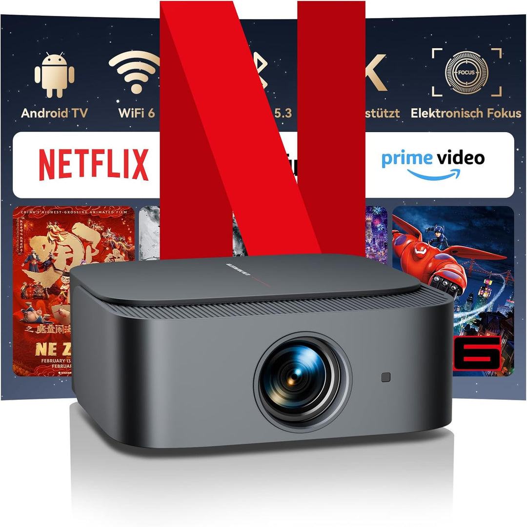 Beamer 4K【Official Netflix & Remote Focus/Trapezkorrektur】 25000 Lumens Beamer 4K Heimkino Unterstüt