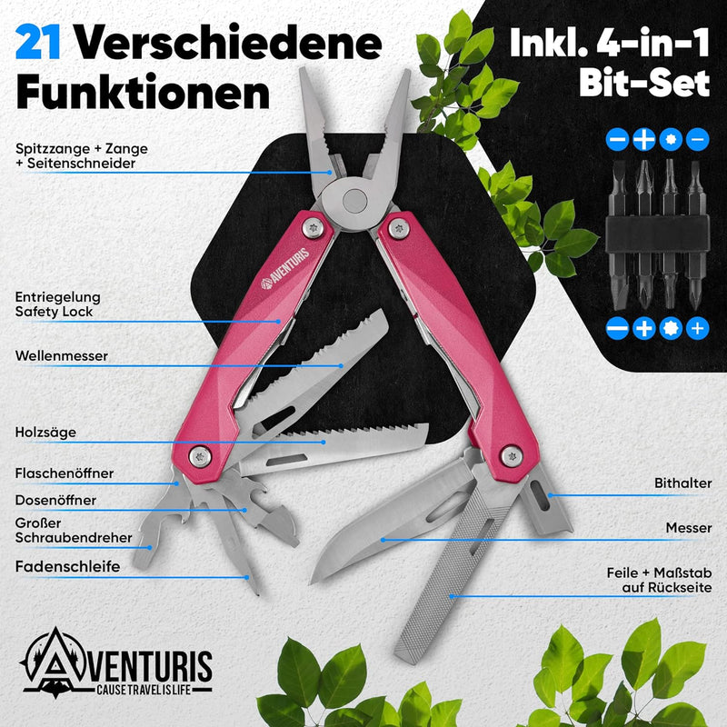 AVENTURIS® Pinkes-Multitool-Werkzeug aus Edelstahl mit 21 Funktionen, Geschenke für Frauen, Multifun