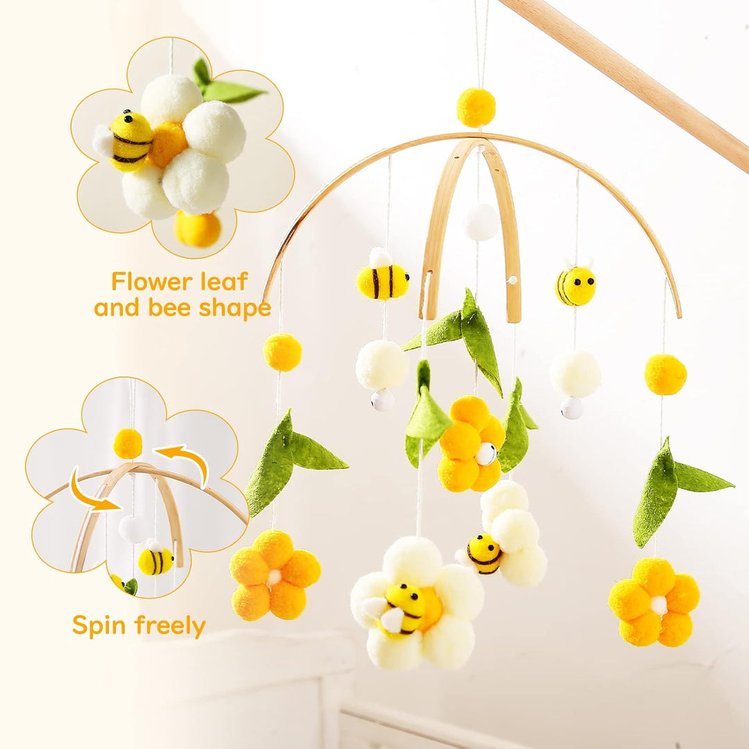 Youuys Mobile Baby Holz mit Filzbällen, Bienen und Blumen Baby Mobile Windspiel, Bettglocke Anhänger