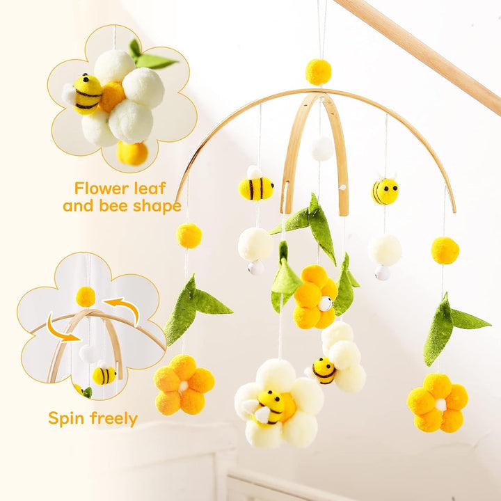 Youuys Mobile Baby Holz mit Filzbällen, Bienen und Blumen Baby Mobile Windspiel, Bettglocke Anhänger