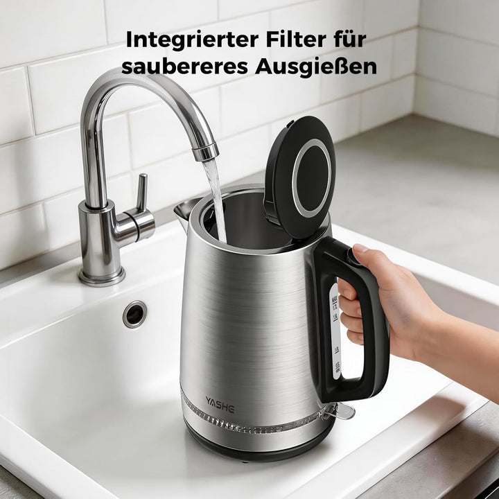 YASHE Wasserkocher Edelstahl 1,7L, 2200W Schneller Elektrischer Wasserkocher mit Kalkfilter, Wasserk