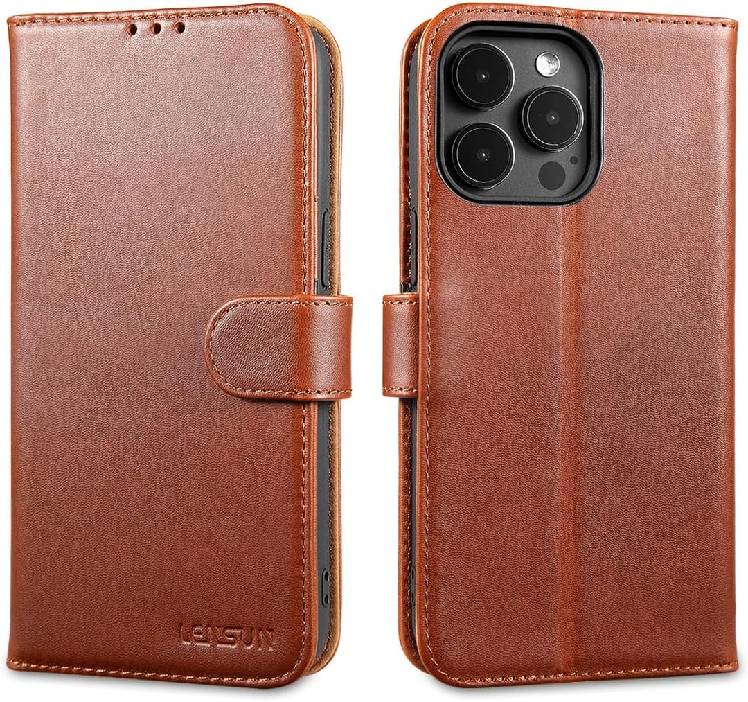LENSUN Echtleder Hülle für iPhone 15 Pro Max, Handyhülle [Echtes Leder][Kartenfach][RFID Schutz] Han