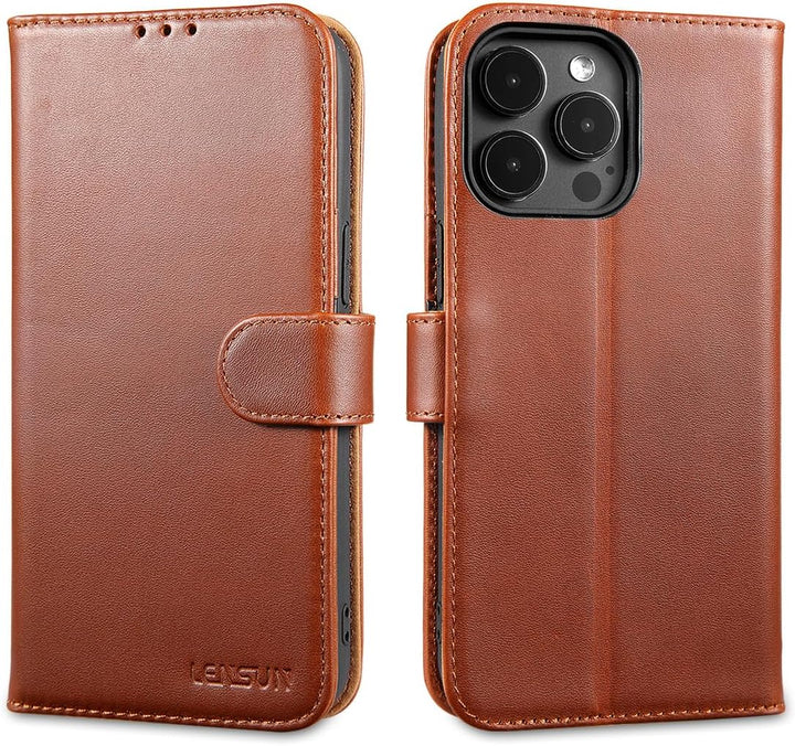 LENSUN Echtleder Hülle für iPhone 15 Pro Max, Handyhülle [Echtes Leder][Kartenfach][RFID Schutz] Han