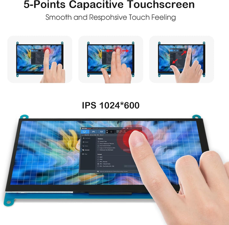 ELECROW Monitor Display Anzeigen IPS Bildschirm-7 Zoll 1024X600 HD TFT LCD mit Touchscreen für Himbe