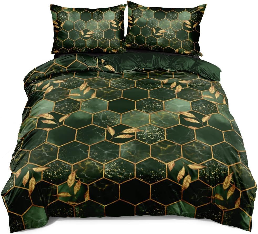 Grüne Bettwäsche 135x200 4teilig Grün Dunkelgrün Gold Kariert 3D Motiv Marmor Optik Wendebettwäsche