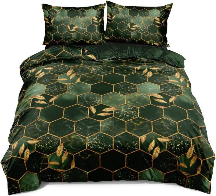 Grüne Bettwäsche 135x200 4teilig Grün Dunkelgrün Gold Kariert 3D Motiv Marmor Optik Wendebettwäsche