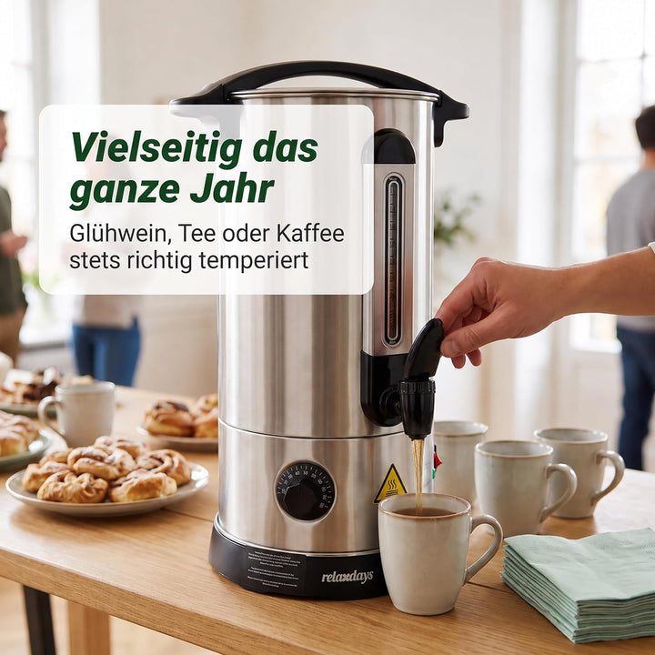 Relaxdays Glühweinkocher, 10 l, 30–110 °C, Zapfhahn, Thermostat, Silber | Füllstandsanzeige, Edelsta