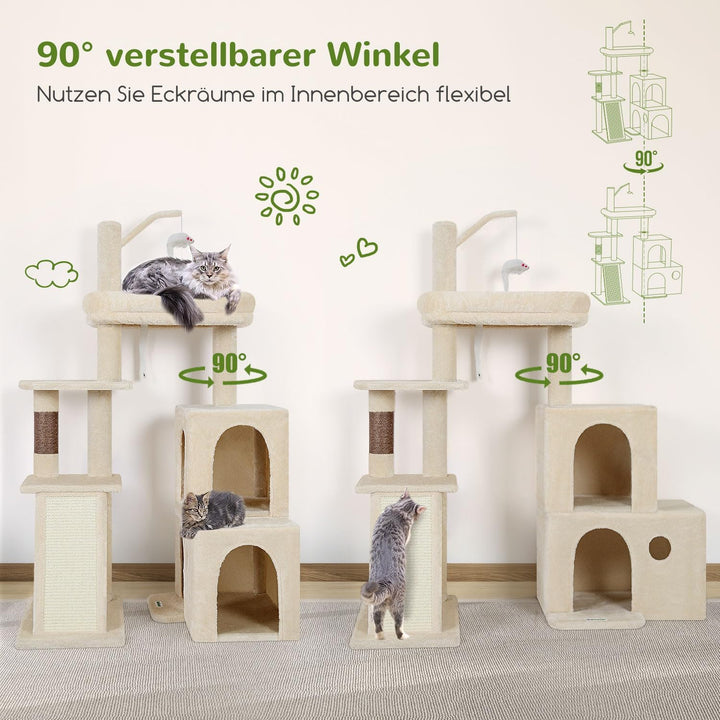 Globlazer Kratzbaum Beige Stabil mit 2 Gross Basis, 2 Katzenhaus 90° Drehbares, Gepolsterte Plattfor