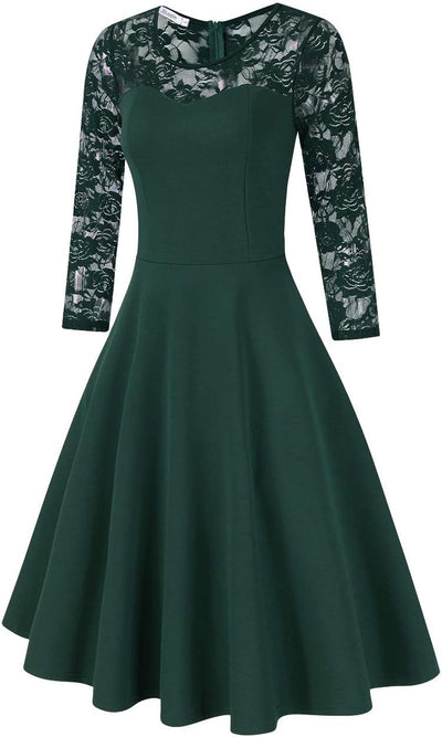 Damen Elegant Spitzenkleid Cocktailkleid Brautjungfernkleider für Hochzeit Abendkleider Rundhals Kni