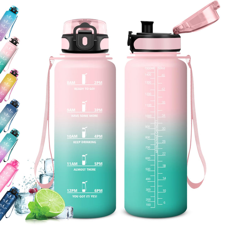 KollyKolla Trinkflasche Kohlensäure Geeignet, 500ml/1L/1.5L, Sport Trinkflasche mit Zeitmarkierung,