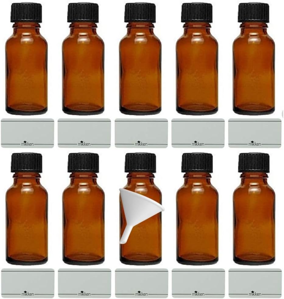 mikken 10 x braune Apothekerflasche 20ml made in Germany, inkl Beschriftungsetiketten + Trichter Bra