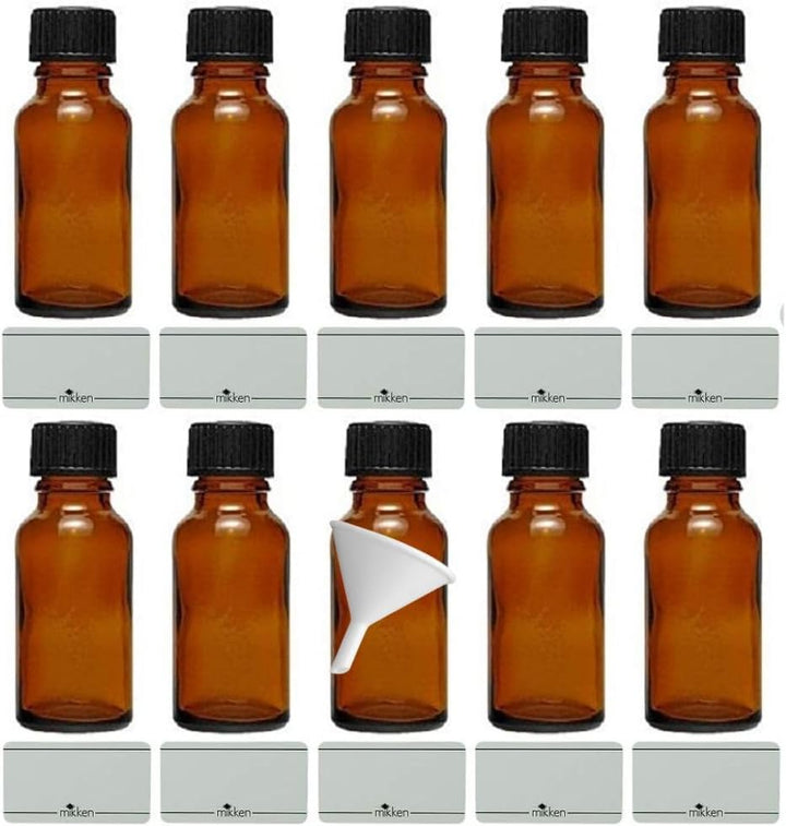 mikken 10 x braune Apothekerflasche 20ml made in Germany, inkl Beschriftungsetiketten + Trichter Bra