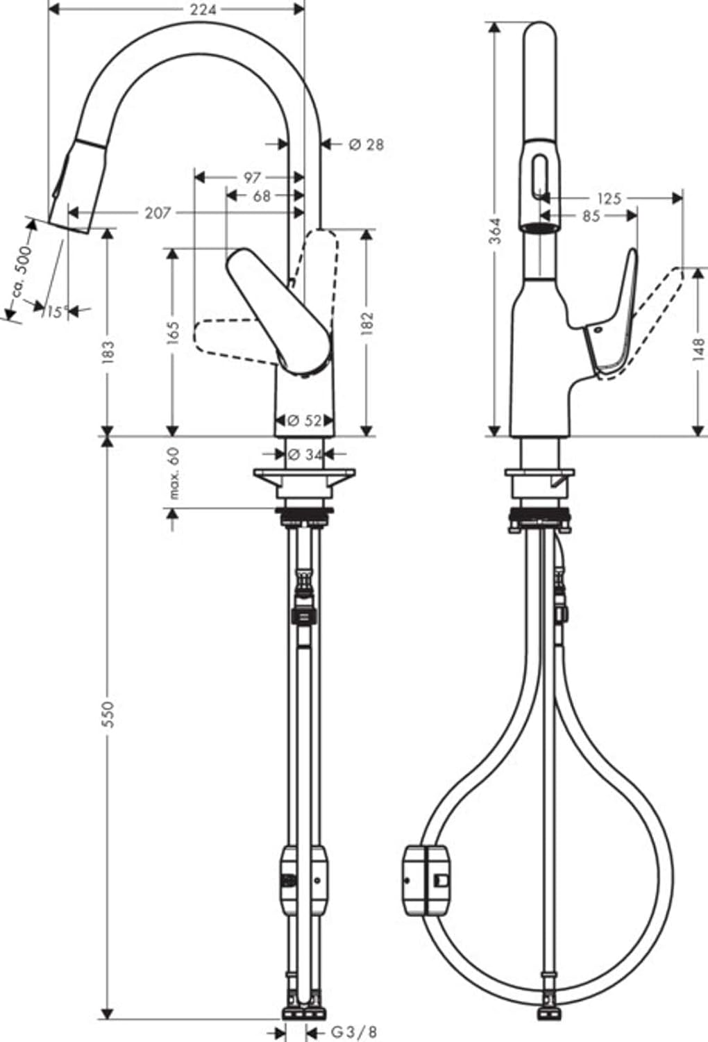 hansgrohe Küchenarmatur (Wasserhahn Küche 360° schwenkbar, ausziehbare Brause mit 2 Strahlarten, hoh