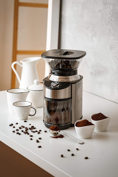 Adler CAMRY CR 4443 Kaffeemühle mit Kegelmahlwerk, 200W, Gehäuse aus Edelstahl, 16 Mahlgrade, Volume