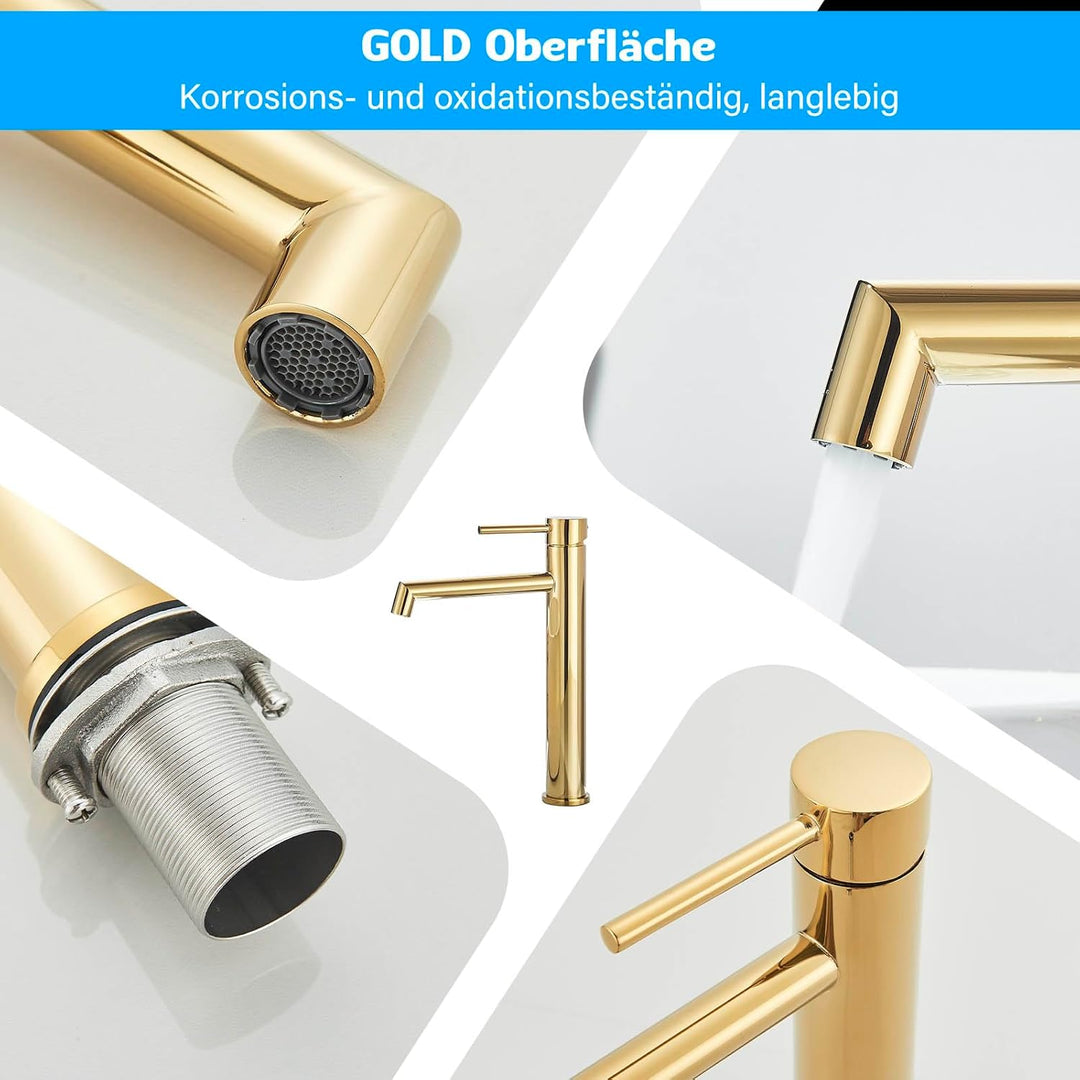 Wasserhahn Bad, Waschtischarmatur Hoch Waschbecken Armaturen in Gold mit Auslaufhöhe 200 MM High,Ein