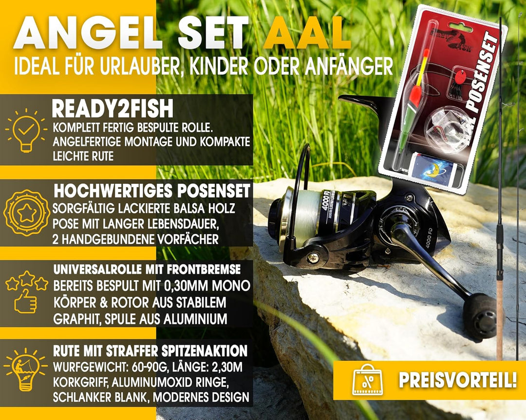 Angel-Berger Steck Angelset Rute Rolle mit Zubehör Angelset Aal
