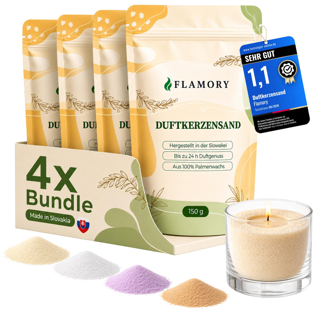 Kerzensand mit Duft Wellness Set 4x150g – [Vanille/Kokos/Lavendel/Sandelholz] – 12 Dochte inklusive