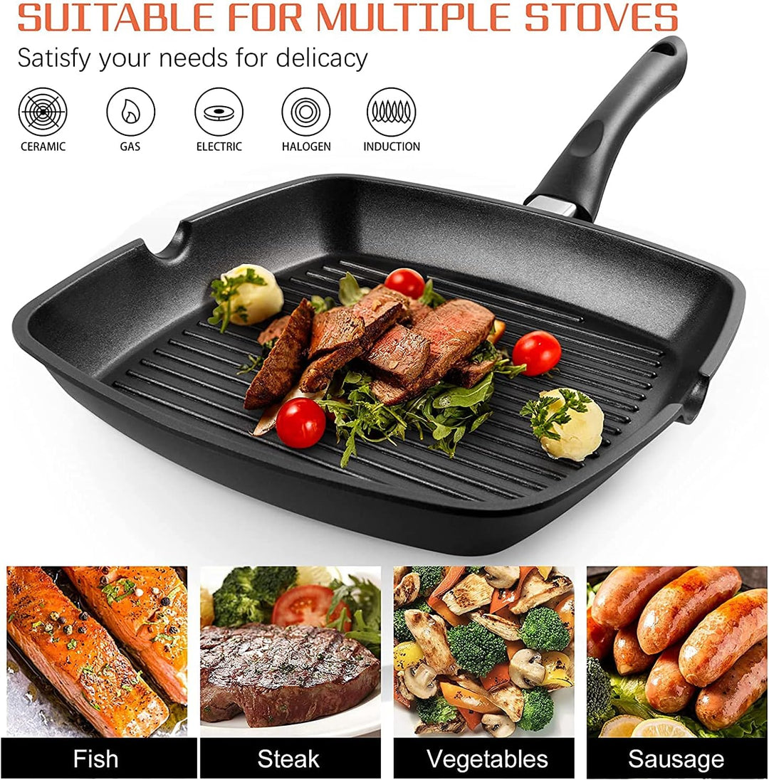Grillpfanne 28×28 cm, Steakpfanne Induktion aus Aluminiumguss, induktionsgeeignet Pfanne, PFOA-freie