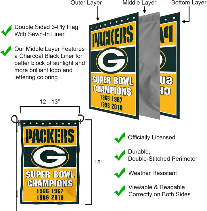 WinCraft Green Bay Packers 4 Time Super Bowl Champions Double Sided Garden Flag